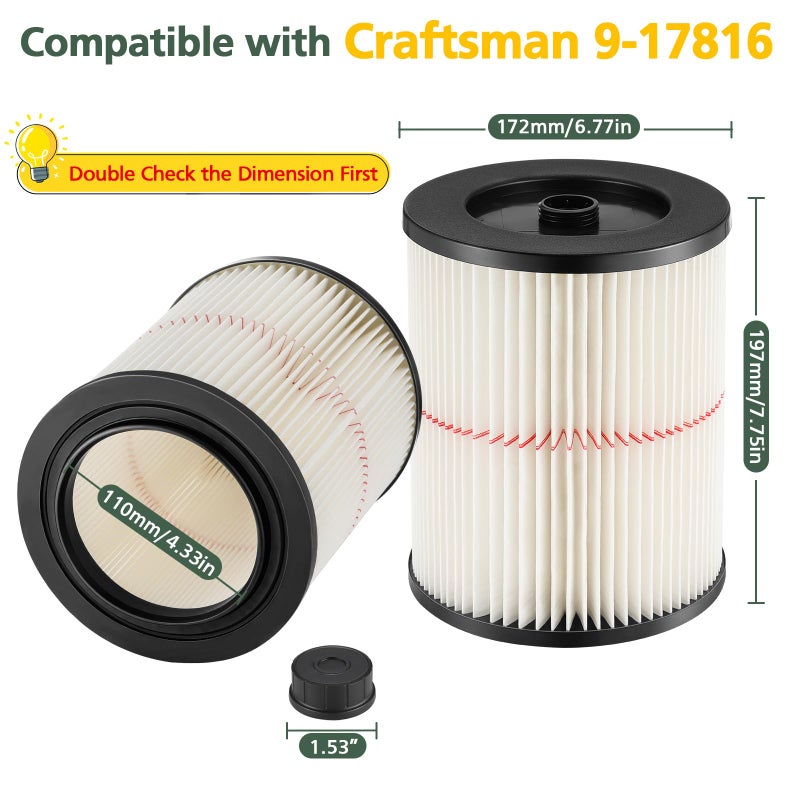 isinlive 9-17816 Red Stripe Vacuum Cartridge Filter Replacement Compatible with Craftsman Wet/Dry 5/6/8/12/16/32 Gallon and Larger(2 Pack) - Image 2